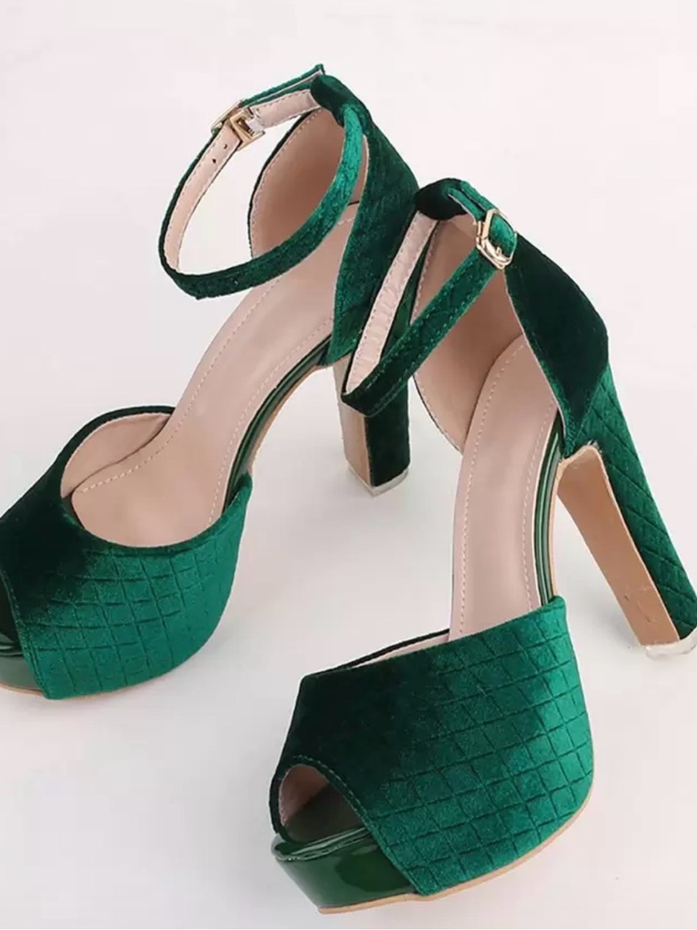 Elegant Green Velvet Ankle-Strap Platform Heels